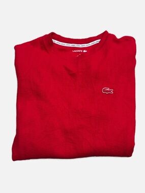 Lacoste Mens Size M Red Waffle Knit Thermal Long Sleeve Sleep Shirt Lounge Top